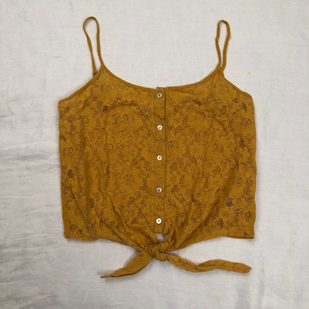 Mustard lace tank top with buttons and front tie